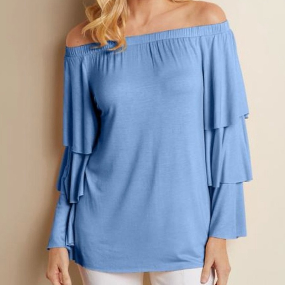 Soft Surroundings TOP Carmen Blue Ruffle Sleeve XS
